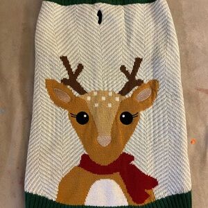 Reindeer Knit Sweater with Green Trim.